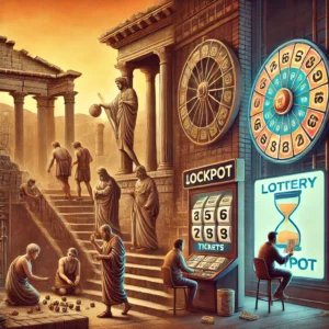 Dall·e 2024 10 14 13.57.08 An Image Representing 'the History Of Lotteries From Ancient Times To Modern Jackpots.' The Scene Transitions From Ancient Civilizations To Modern Ti