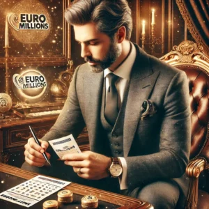 Dall·e 2024 10 14 13.57.10 An Image Depicting A Wealthy Man Playing The Euromillions Lottery. The Man Is Sitting In An Elegant Setting, Dressed In A Fine Suit, With A Luxurious