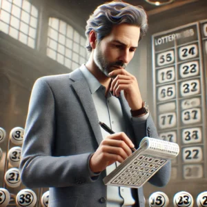 Dall·e 2024 10 16 18.49.13 A Realistic Depiction Of A Thoughtful, Intelligent Looking Man Standing With A Notepad And A Pen, Appearing Focused As He Selects Numbers For A Lotter