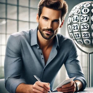 Dall·e 2024 10 16 18.49.16 A Realistic Depiction Of A Handsome, Intelligent Looking Man, Appearing Focused As He Selects Numbers For A Lottery Draw. The Man Is In His Early 30s,