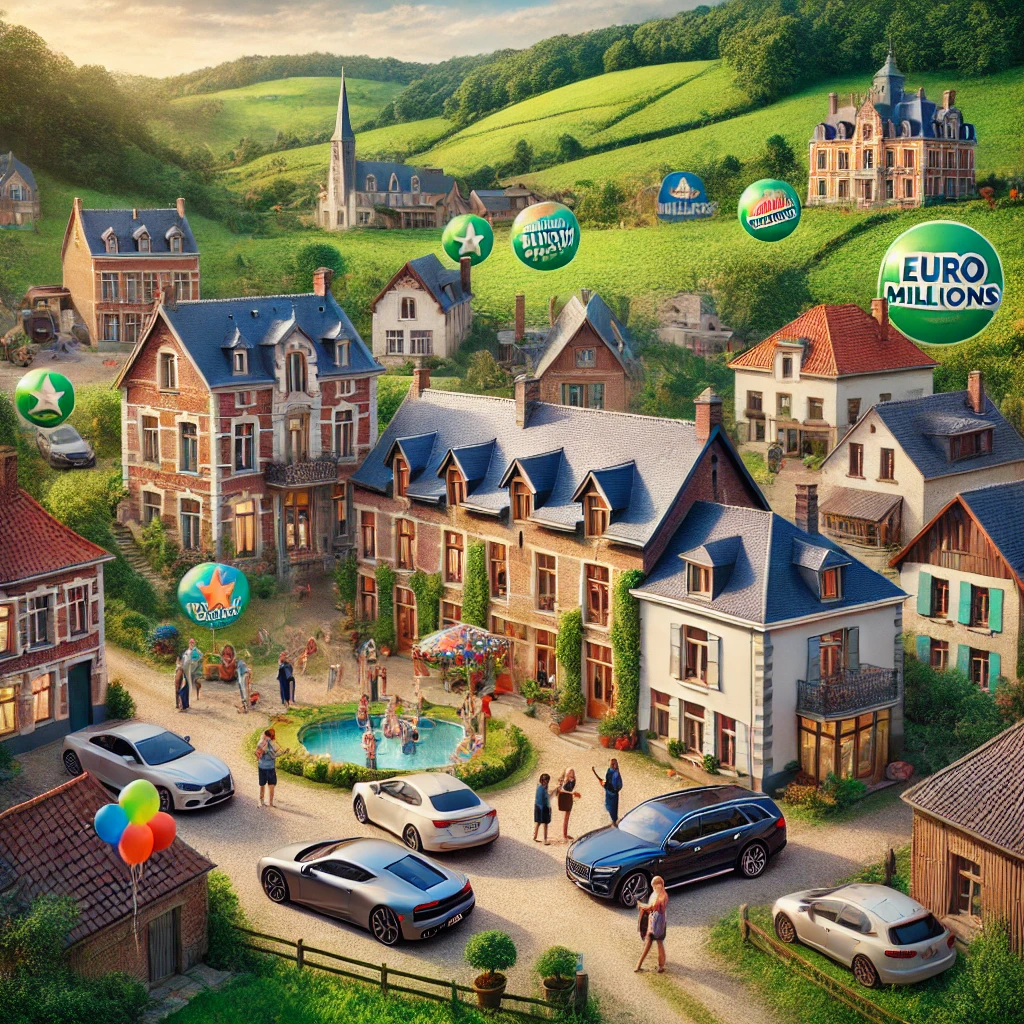 Dall·e 2024 10 13 22.51.10 A Picturesque Belgian Village Nestled Among Green Rolling Hills, Transformed Into A Vibrant, Lively Millionaire Hub. In The Image, Charming Houses Wit