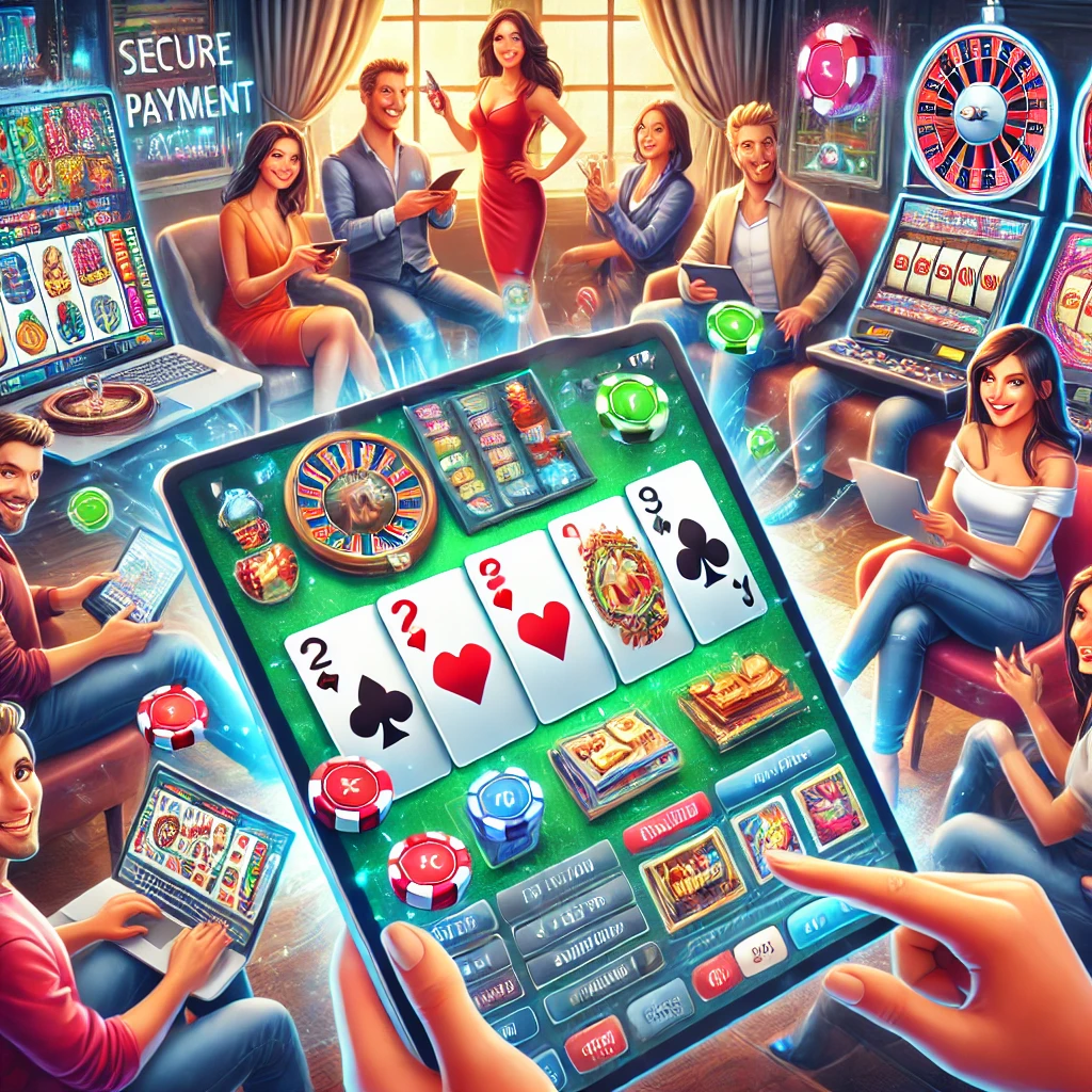 Dall·e 2024 10 13 22.59.48 A Lively And Engaging Scene Showing People Playing In An Online Casino. The Image Features Individuals Sitting At Home, Each Using A Laptop Or Smartph