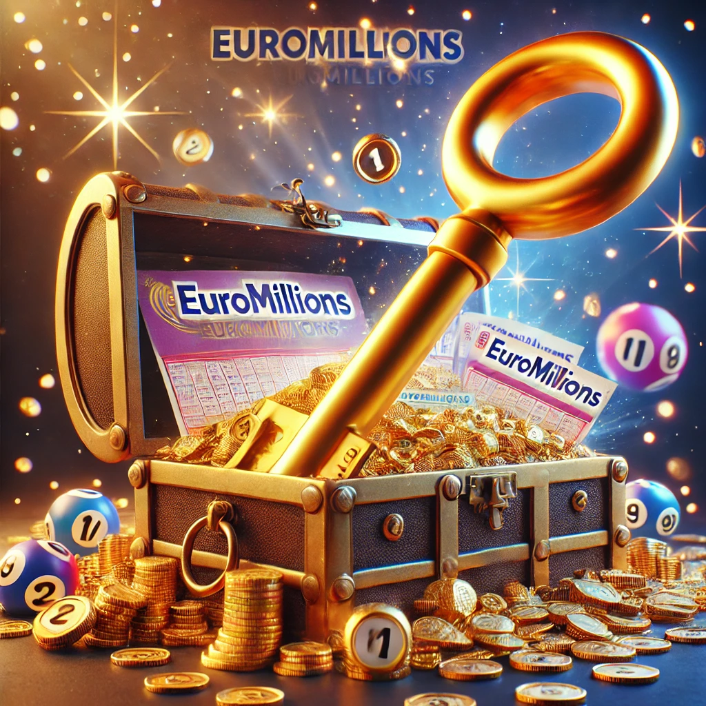 Dall·e 2024 10 13 23.10.24 An Image Representing The Concept Of The 'key To Winning Euromillions.' The Scene Shows A Symbolic Large Golden Key Unlocking A Treasure Chest Filled