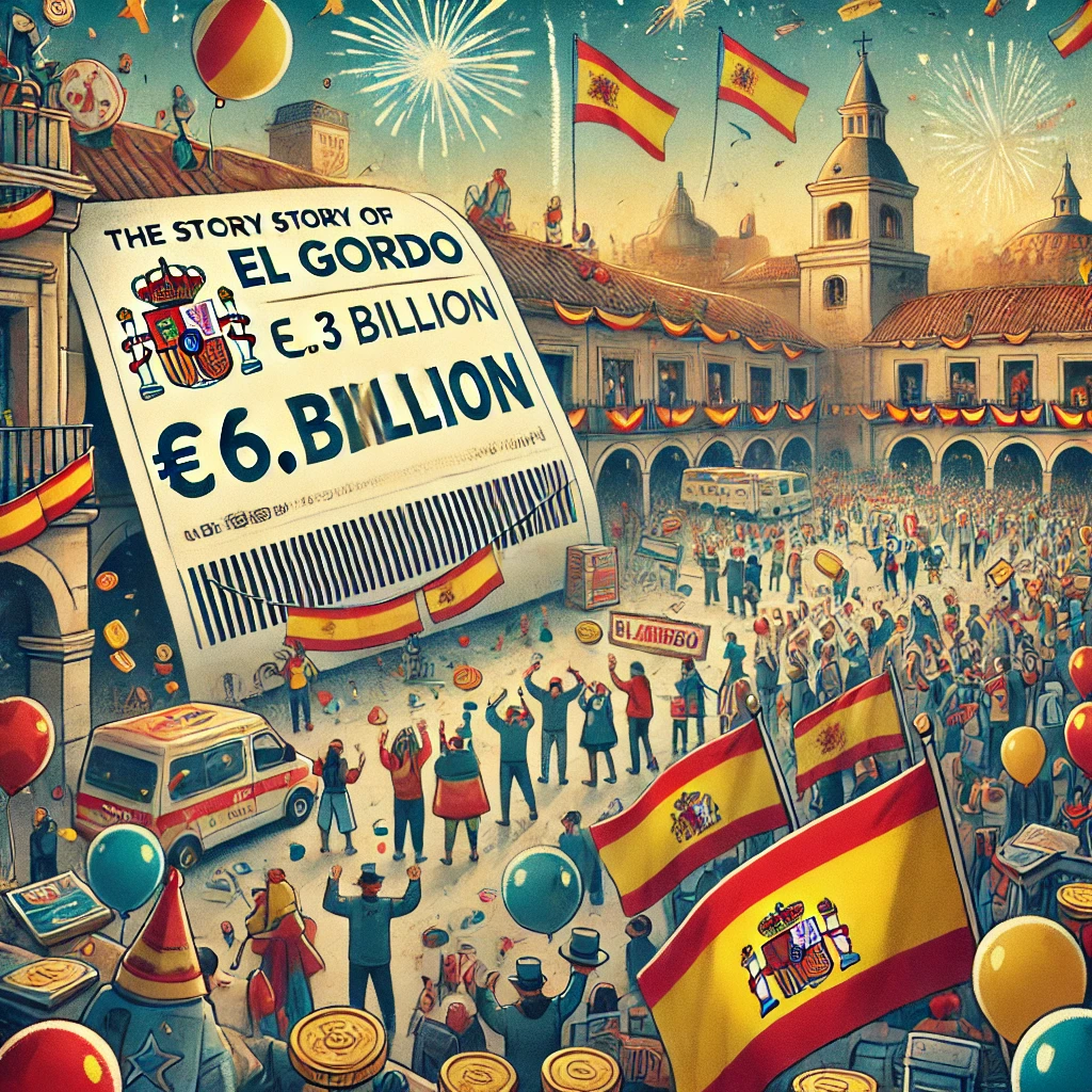 Dall·e 2024 10 13 23.23.37 An Illustration Showing 'the Story Of El Gordo How Spain Won €6.3 Billion In The World’s Biggest Lottery.' The Scene Captures A Festive Spanish Town