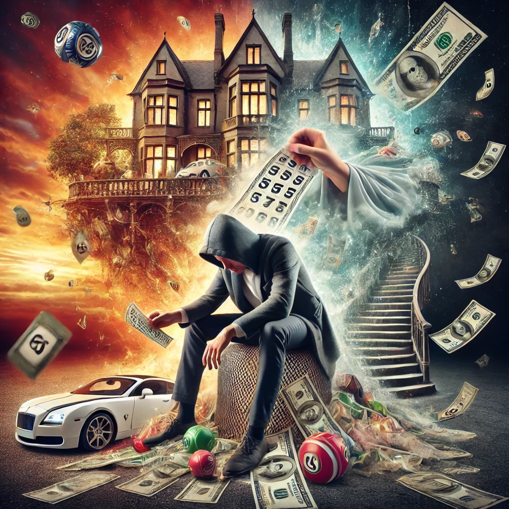 Dall·e 2024 10 14 12.46.54 A Dramatic Scene Depicting The Downfall Of A Lottery Winner. The Image Shows A Person Holding A Winning Lottery Ticket In One Hand While Surrounded By