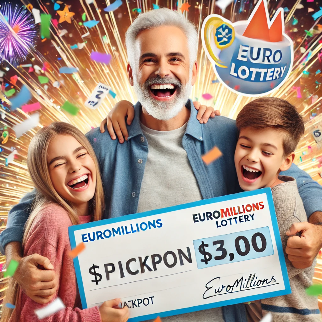 Dall·e 2024 10 14 13.17.28 A Middle Aged Man Standing Joyfully With His Children, Celebrating After Winning The Euromillions Lottery. The Man Is Holding A Large Lottery Check Wi