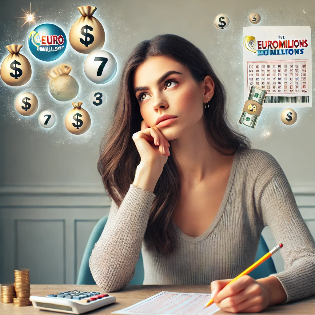 Dall·e 2024 10 14 13.27.15 A Young Woman Deep In Thought, Contemplating How To Win The Euromillions Jackpot. She Is Sitting At A Table With A Lottery Ticket In Front Of Her And