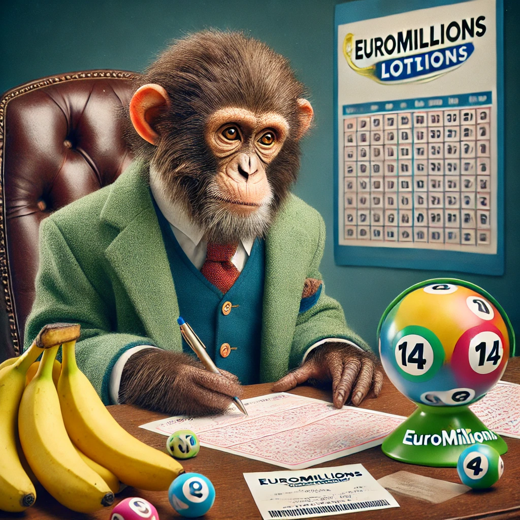 Dall·e 2024 10 14 13.57.13 A Humorous Image Depicting A Monkey Dressed In Human Clothing, Sitting At A Desk And Playing The Euromillions Lottery. The Monkey Is Holding A Lottery