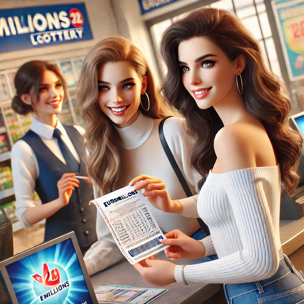 Dall·e 2024 10 16 19.35.40 A Realistic Scene Depicting Two Young, Beautiful Women Purchasing A Euromillions Lottery Ticket At A Modern Store Counter. The Women Are Smiling And C