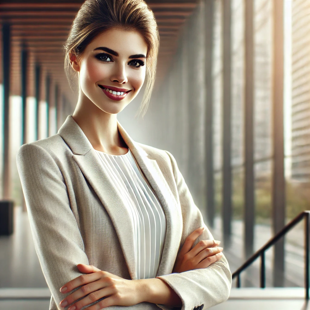 Dall·e 2024 10 16 19.53.19 A Realistic And Elegant Portrait Of A Beautiful Young Successful Woman. She Is Smiling Confidently, Dressed In A Stylish Yet Professional Outfit, Stan