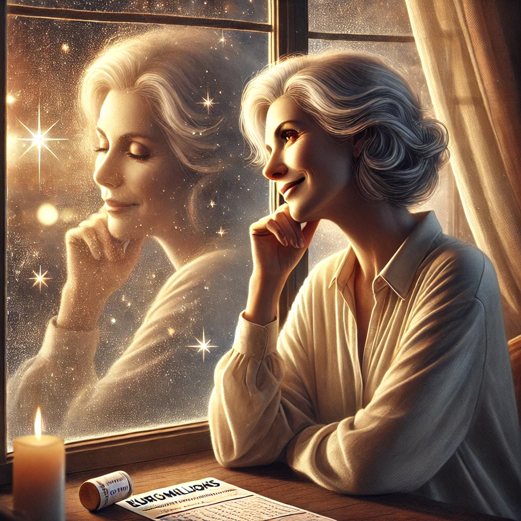 Dall·e 2024 10 16 20.13.36 A Realistic And Thoughtful Illustration Of A Beautiful Older Woman, Reflecting On Dreams Of Winning The Euromillions. She Is Sitting Near A Window, Ga