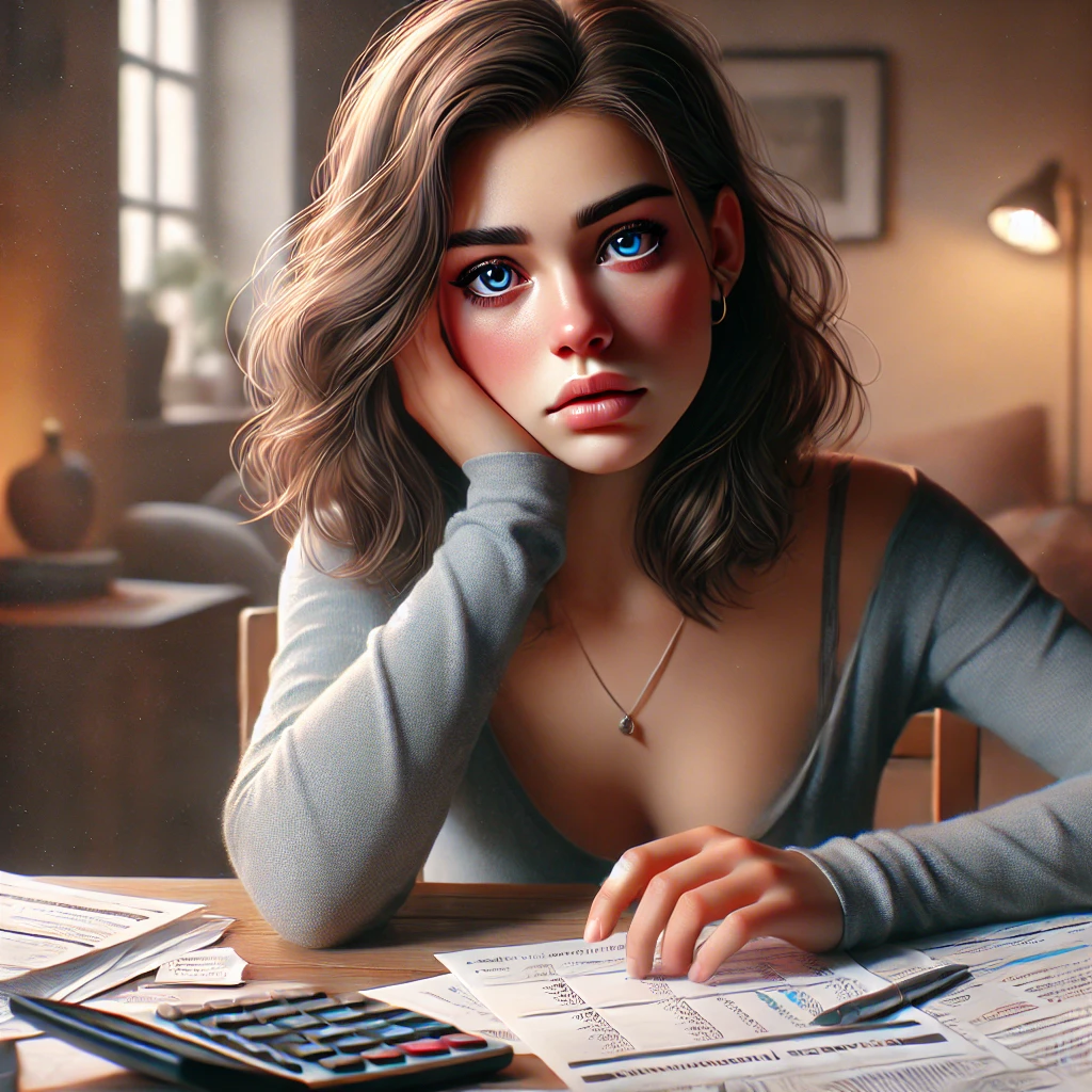 Dall·e 2024 10 16 20.19.59 A Realistic And Emotional Illustration Of A Young, Beautiful Woman Who Looks Distressed Or Worried, Sitting At A Desk With Financial Documents And A C