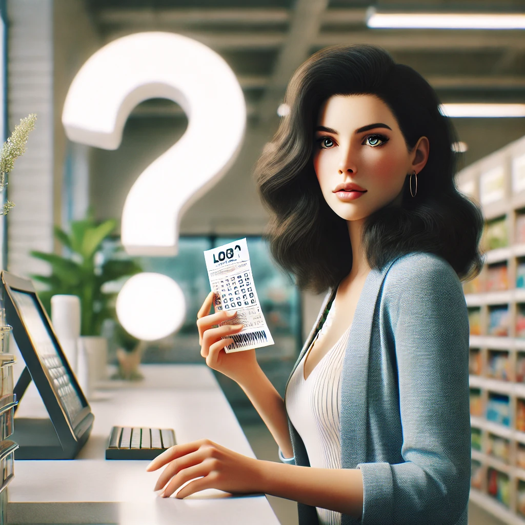 Dall·e 2024 10 16 20.25.42 A Realistic Scene Featuring A Beautiful Woman With Dark Hair Buying A Lottery Ticket. She Is Standing At A Modern Store Counter, Holding The Ticket Wi