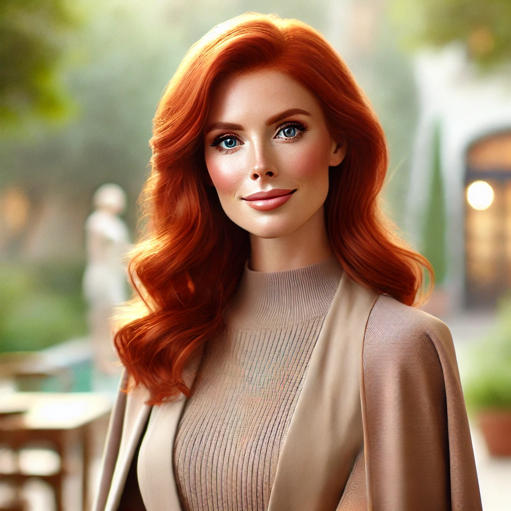 Dall·e 2024 10 16 21.22.58 A Beautiful Woman With Red Hair, Depicted In A Tasteful And Elegant Manner, Wearing A Stylish And Modest Outfit. She Has A Warm And Friendly Expressio